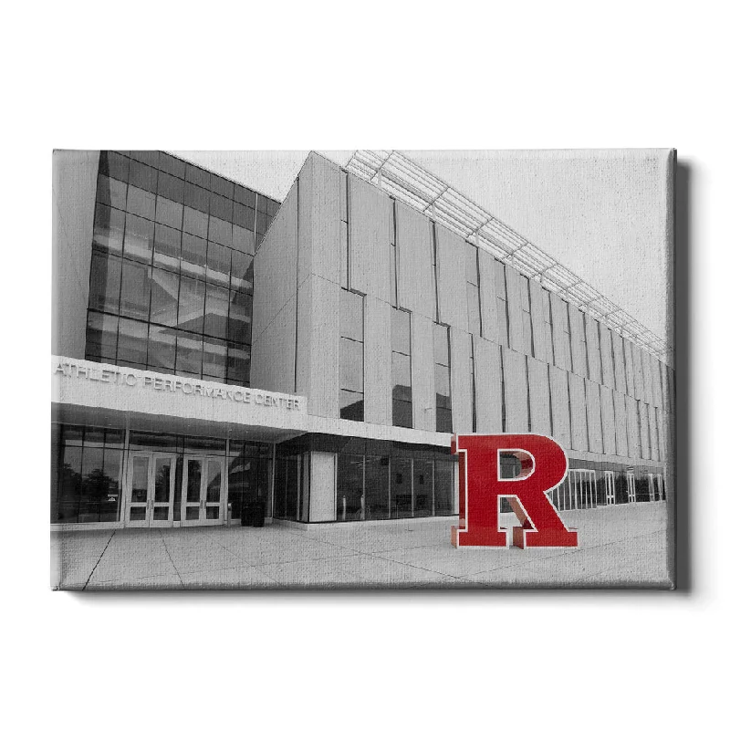 Cute animal wall art-Rutgers Scarlet Knights - Athletic Performance Center B&W with Scarlet R