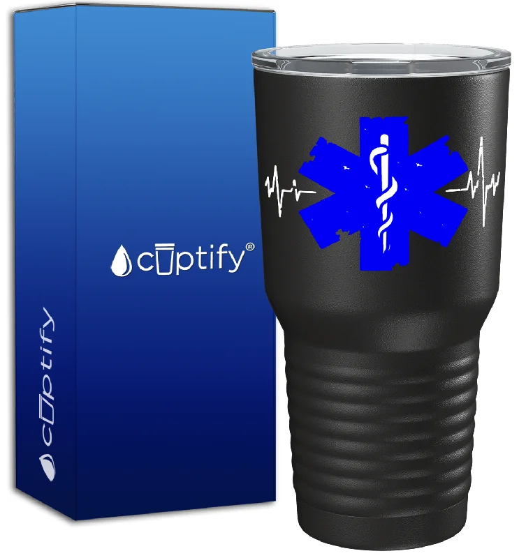 Elegant blue porcelain mugs-EMT Blue Cadeucus Pulse of Life on 30oz Black Paramedic Tumbler