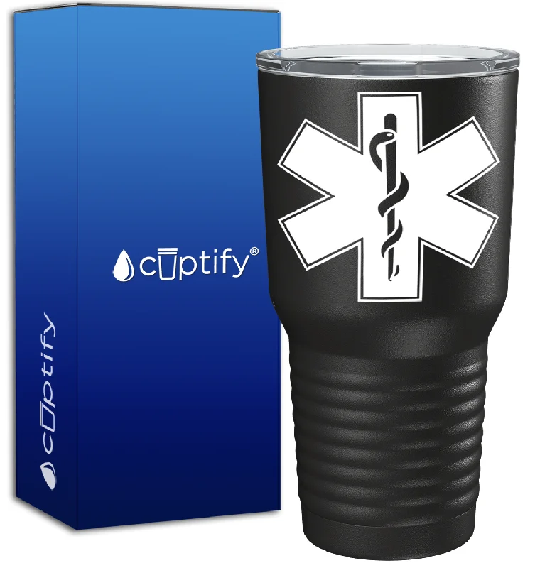 Artisan ceramic latte cups-EMT EMS Caduceus Silhouette on 30oz Black Paramedic Tumbler