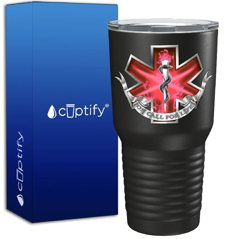 Retro polka dot teacups-EMT EMS On Call for Life Red Badge on 30oz Black Paramedic Tumbler