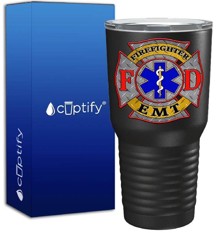 Custom engraved tumblers-EMT Firefighter FD Badge on 30oz Black Paramedic Tumbler