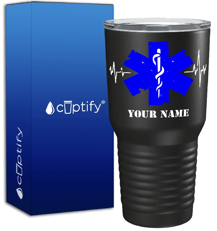 Vintage floral teacups-Personalized EMT Blue Cadeucus Pulse of Life on 30oz Black Paramedic Tumbler