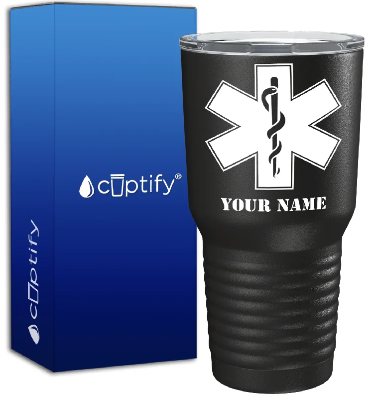 Elegant gold-rimmed teacups-Personalized EMT EMS Caduceus Silhouette on 30oz Black Paramedic Tumbler