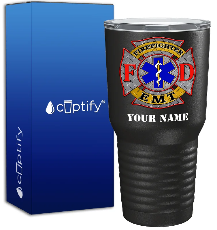 Rustic wooden tumblers-Personalized EMT Firefighter FD Badge on 30oz Black Paramedic Tumbler