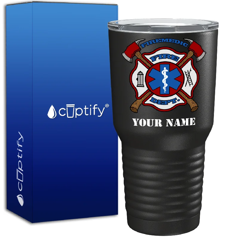 Eco-friendly reusable coffee cups-Personalized Firemedic Fire Department Badge on 30oz Black Paramedic Tumbler